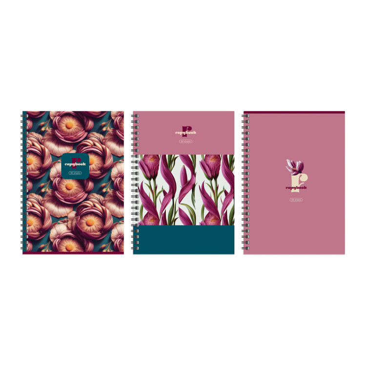 Тетрадь 96л., А4, клетка, на гребне BG "Flower story", глянцевая ламинация, 3 штук, 346570
