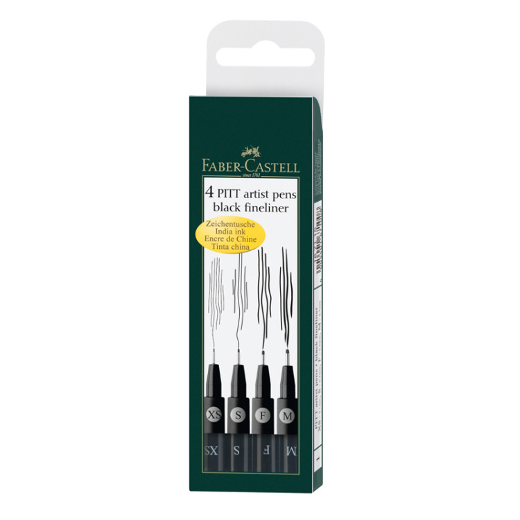Набор капиллярных ручек Faber-Castell "Pitt Artist Pen" черные, 4шт., 0,1/0,3/0,5/0,7мм, пласт. уп., европодвес, 290345