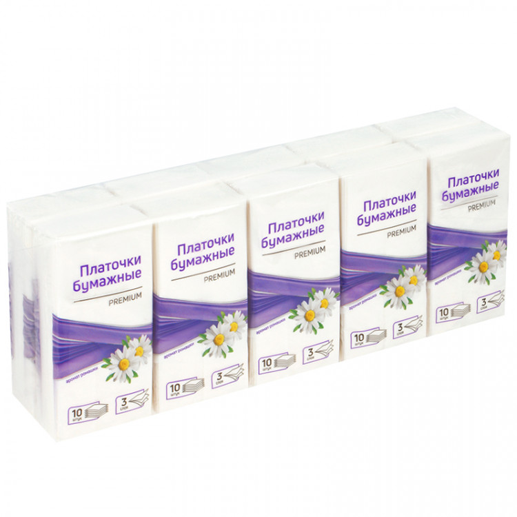 Платки бумажные носовые OfficeClean, 3-слойные, 19*20см, белые, 10 пачек по 10шт., ромашка, 328306
