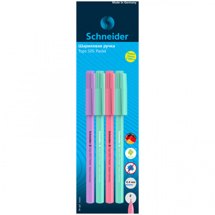 Набор шариковых ручек Schneider Tops 505 F Pastel 4шт., синие, 0,8мм, корпус ассорти, блистер, 319654 Набор шариковых ручек Schneider Tops 505 F Pastel 4шт., синие, 0,8мм, корпус ассорти, блистер, 319654