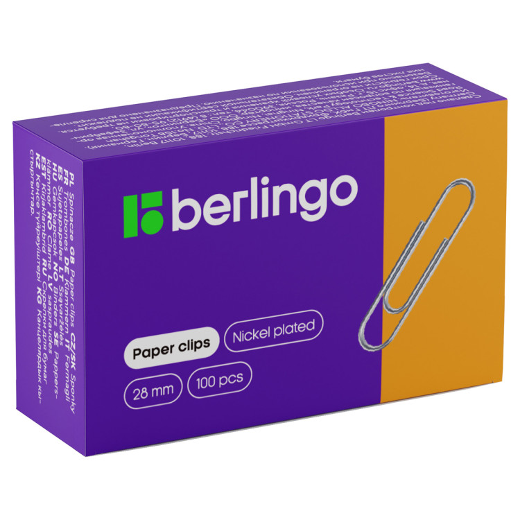 Скрепки 28мм, Berlingo, 100шт., никелированные, карт. упаковка, 115998