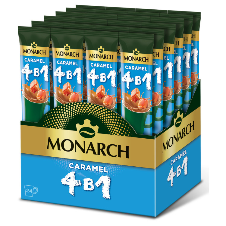 Кофе растворимый Monarch "Caramel", со вкусом карамели, 4в1, порционный 24 пакетика*13,5г, картонная коробка, 375386 Кофе растворимый Monarch "Caramel", со вкусом карамели, 4в1, порционный 24 пакетика*13,5г, картонная коробка, 375386