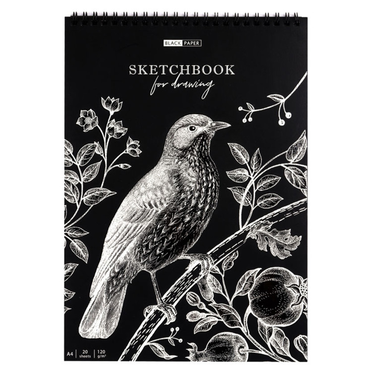 Скетчбук 20л., А4 ArtSpace "Black line. Bird", на гребне, черный блок, 120г/м2, 315927