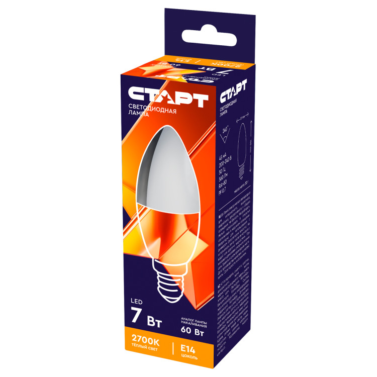 Лампа светодиодная Старт LED, серия "WS" 7W30, тип С "свеча", E14, 2700К, теплый свет, 25000ч, 385692 Лампа светодиодная Старт LED, серия "WS" 7W30, тип С "свеча", E14, 2700К, теплый свет, 25000ч, 385692