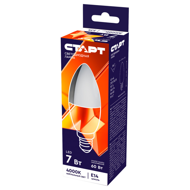 Лампа светодиодная Старт LED, серия "WS" 7W40, тип С "свеча", E14, 4000К, нейтральный свет, 25000ч, 385693 Лампа светодиодная Старт LED, серия "WS" 7W40, тип С "свеча", E14, 4000К, нейтральный свет, 25000ч, 385693