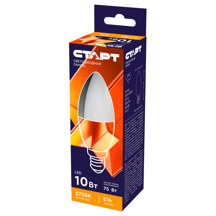 Лампа светодиодная Старт LED, серия "WS" 10W30, тип С "свеча", E14, 2700К, теплый свет, 25000ч, 385694