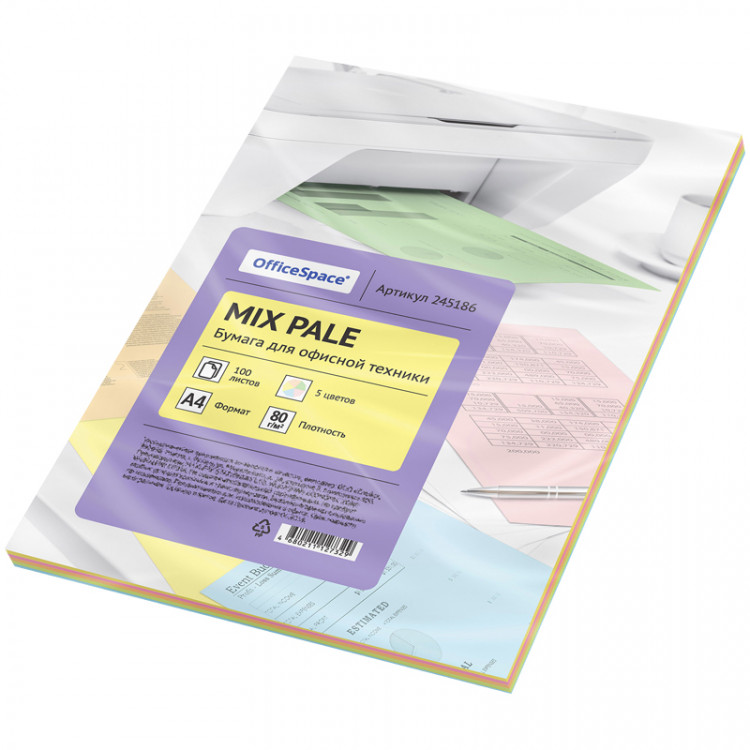 Бумага цветная OfficeSpace pale mix А4, 80г/м2, 100л. (5 цветов), 245186