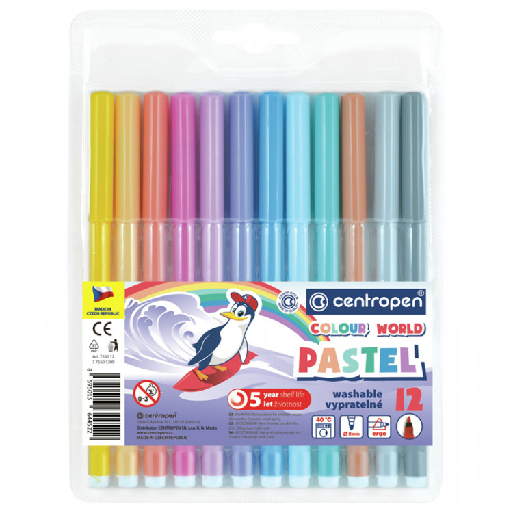 Фломастеры Centropen "Colour World. Pastel", 12цв., 2мм, смываемые, блистер, 304729 Фломастеры Centropen "Colour World. Pastel", 12цв., 2мм, смываемые, блистер, 304729