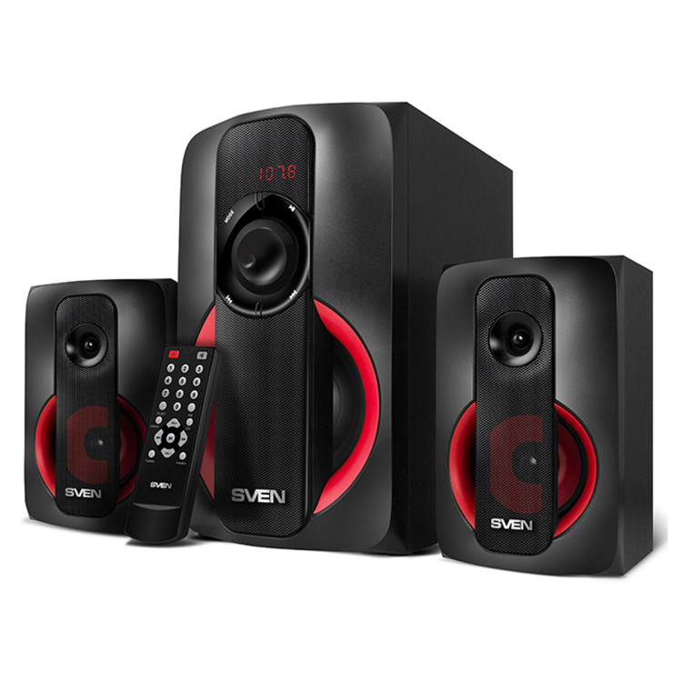 Колонки Sven MS-304, 2*10W+Subwoofer 20W, деревянный корпус, Bluetooth, FM, LED-дисплей, пульт, USB, SD, черный, 353140