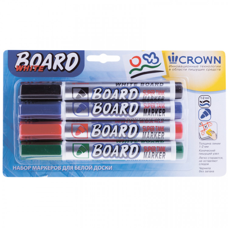 Набор маркеров для белых досок Crown "Multi Board" 04цв., пулевидный, 3мм, блистер, 207913