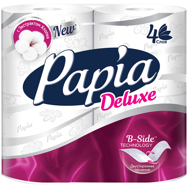 Бумага туалетная Papia "Deluxe", 4-слойная, 4шт., тиснение, белая, 260063 Бумага туалетная Papia "Deluxe", 4-слойная, 4шт., тиснение, белая, 260063