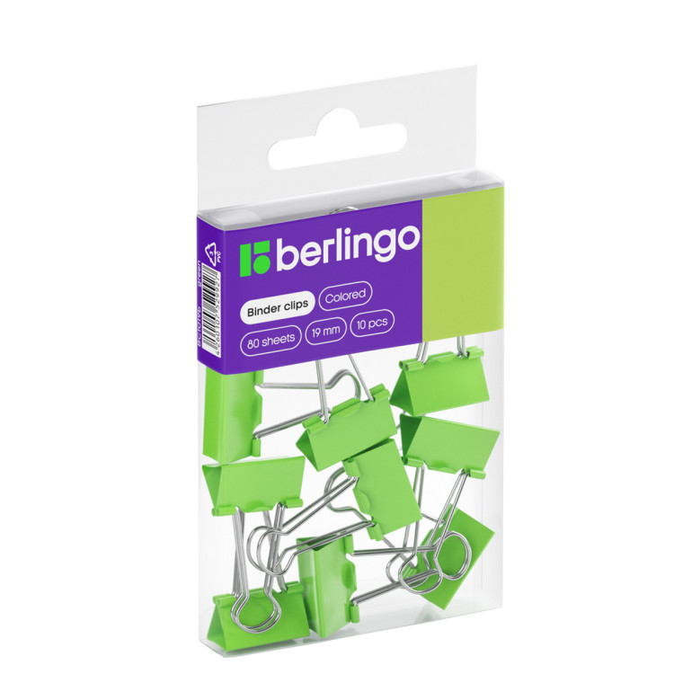 Зажимы для бумаг 19мм, Berlingo, 10шт., цветные, ПВХ упак., европодвес, зеленые, 301707 Зажимы для бумаг 19мм, Berlingo, 10шт., цветные, ПВХ упак., европодвес, зеленые, 301707