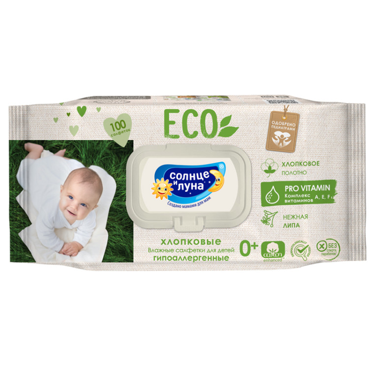 Салфетки влажные Солнце и луна "Eco", big-pack с крышкой, 100шт., детские, хлопковые с экстрактом липы, 309266 Салфетки влажные Солнце и луна "Eco", big-pack с крышкой, 100шт., детские, хлопковые с экстрактом липы, 309266