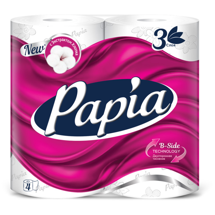 Бумага туалетная Papia, 3-слойная, 4шт., тиснение, белая, 260065 Бумага туалетная Papia, 3-слойная, 4шт., тиснение, белая, 260065