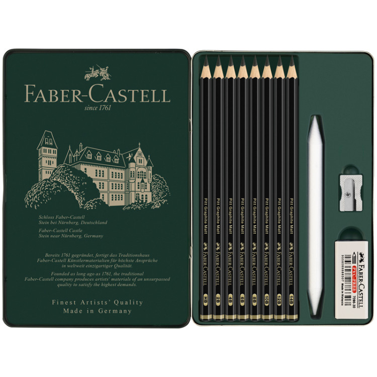 Набор карандашей ч/г матовых Faber-Castell "Pitt Graphite Matt" HB, 2B, 4B, 6B, 8B, 10B, 12B, 14B, заточ, ластик, метал.точилка, растушевка, метал.кор., 332001 Набор карандашей ч/г матовых Faber-Castell "Pitt Graphite Matt" HB, 2B, 4B, 6B, 8B, 10B, 12B, 14B, заточ, ластик, метал.точилка, растушевка, метал.кор., 332001