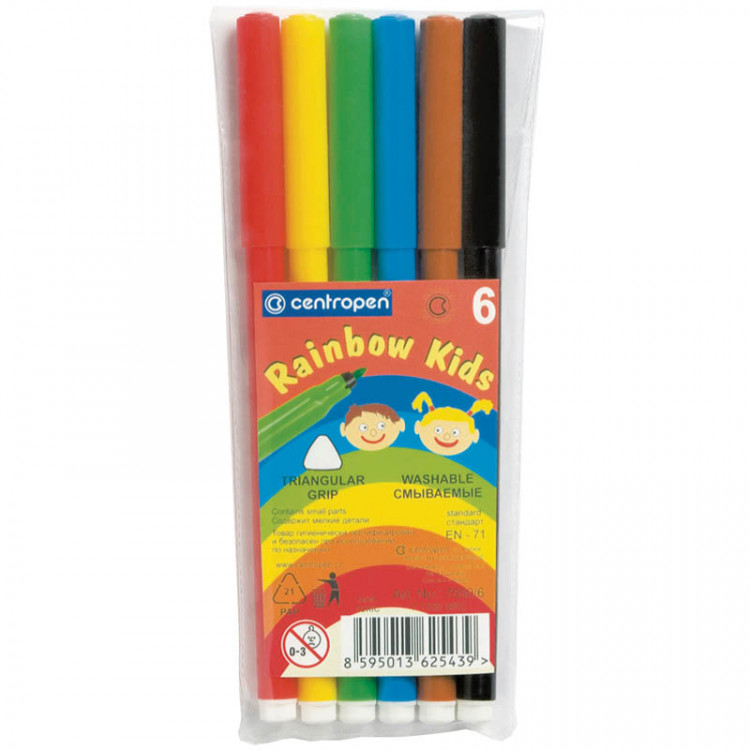 Фломастеры Centropen "Rainbow Kids", 06цв., трехгранные, смываемые, ПВХ, 214287 Фломастеры Centropen "Rainbow Kids", 06цв., трехгранные, смываемые, ПВХ, 214287