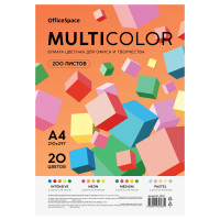 Бумага цветная OfficeSpace "Multicolor", A4, 80 г/м2, 200л., (20 цветов), 381277