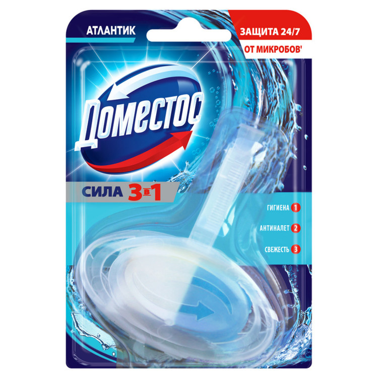 Подвесной блок для унитаза Domestos "3в1 Атлантик" 40г, твердый, 177281