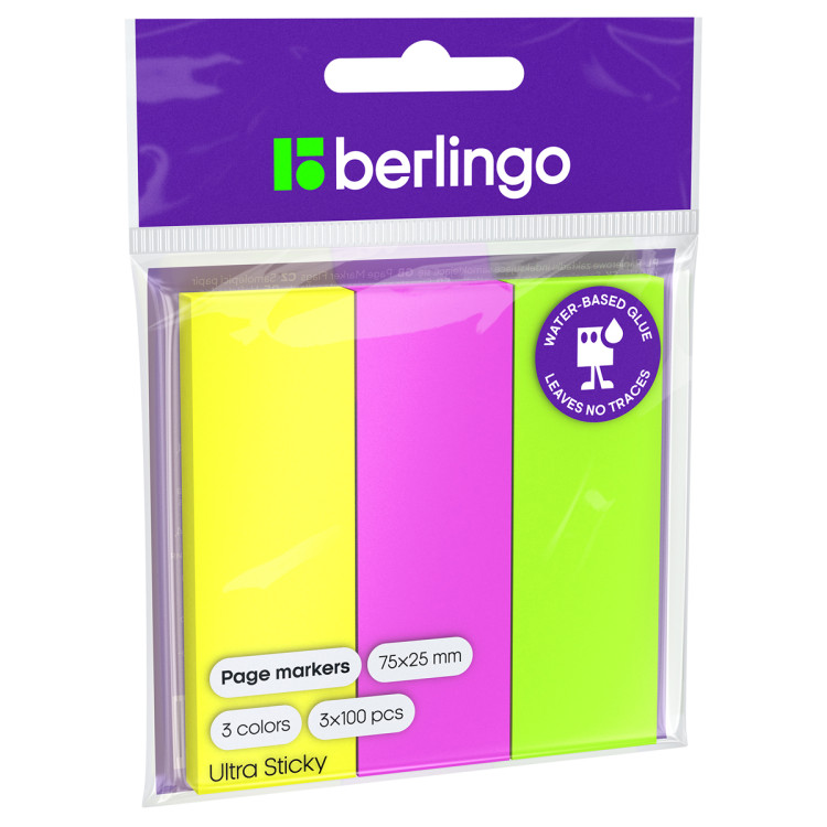Флажки-закладки Berlingo "Ultra Sticky", 25*75мм, 100л*3 неоновых цвета, европодвес, 287196 Флажки-закладки Berlingo "Ultra Sticky", 25*75мм, 100л*3 неоновых цвета, европодвес, 287196