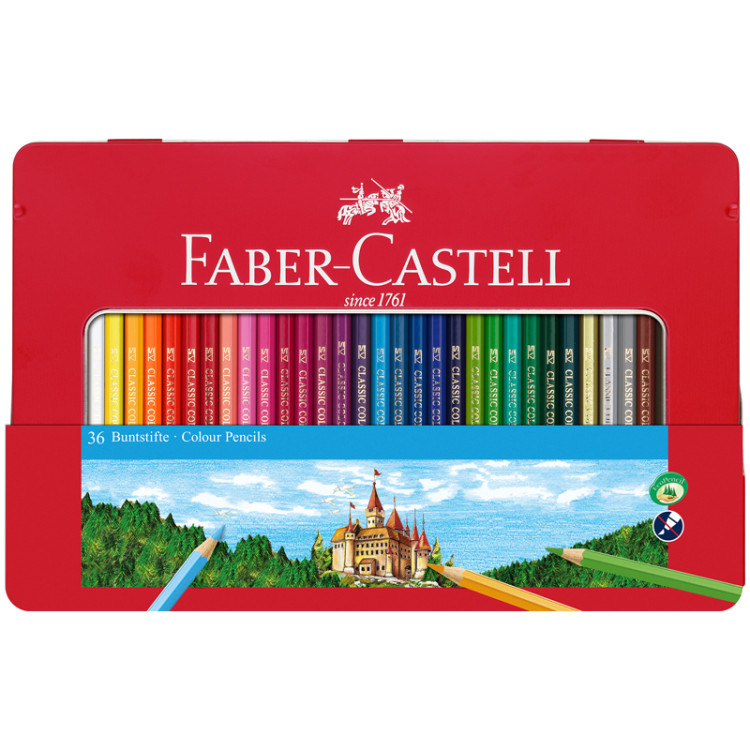 Карандаши цветные Faber-Castell "Замок", 36цв., шестигр., заточ., метал. кор., 286238