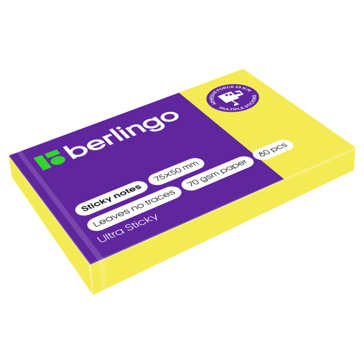 Самоклеящийся блок Berlingo "Ultra Sticky", 50*75мм, 80л., желтый неон, 287182 Самоклеящийся блок Berlingo "Ultra Sticky", 50*75мм, 80л., желтый неон, 287182