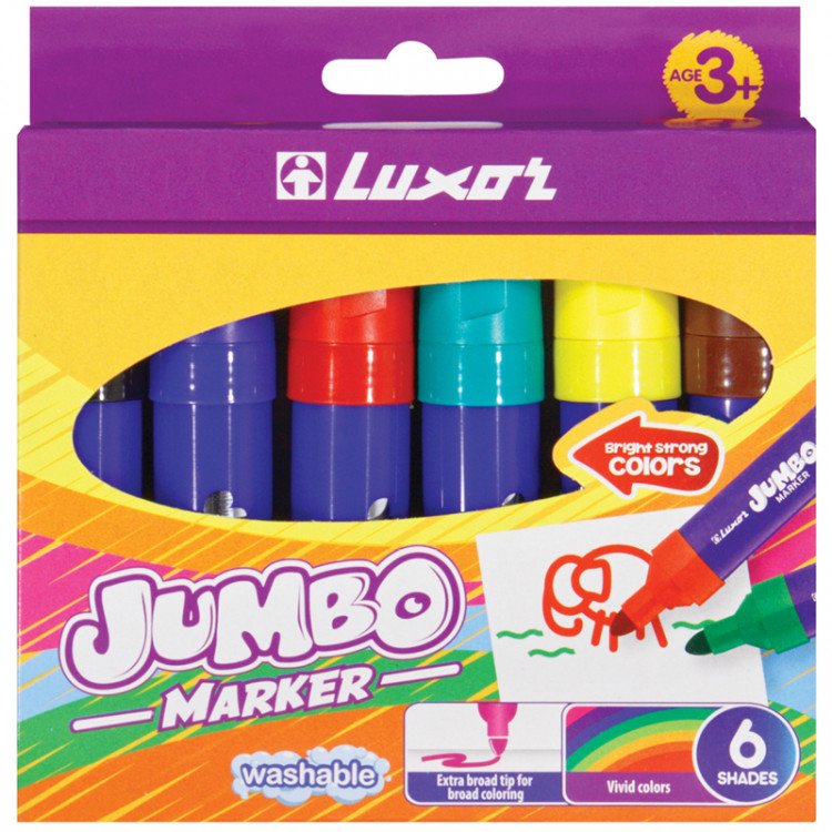 Фломастеры Luxor "Jumbo", 06цв., утолщенные, смываемые, картон, европодвес, 233892 Фломастеры Luxor "Jumbo", 06цв., утолщенные, смываемые, картон, европодвес, 233892