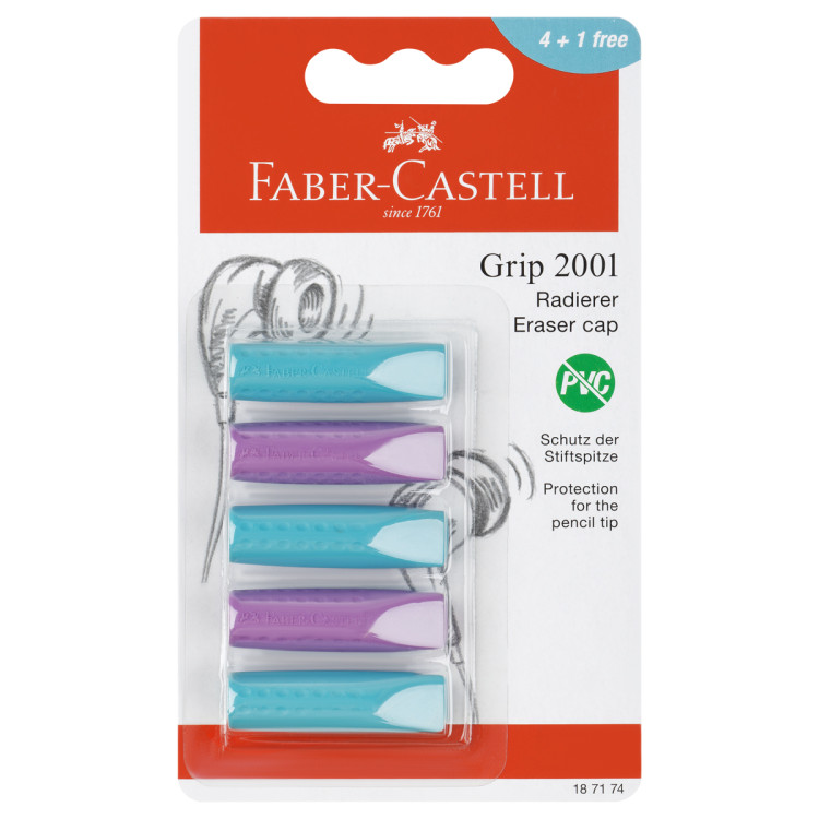 Набор ластиков-колпачков Faber-Castell "Grip 2001" 5шт., трехгранные, бирюза-сирень, 90*15*15мм, блистер, 375104