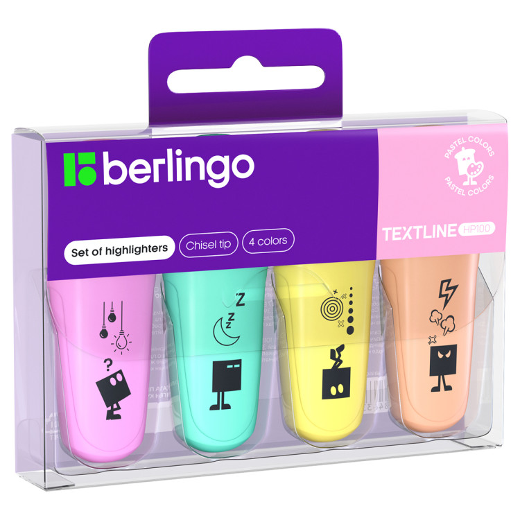 Набор текстовыделителей Berlingo "Textline HP100" мини, 04цв., 1-5мм, пастельные цвета, европодвес, 319408