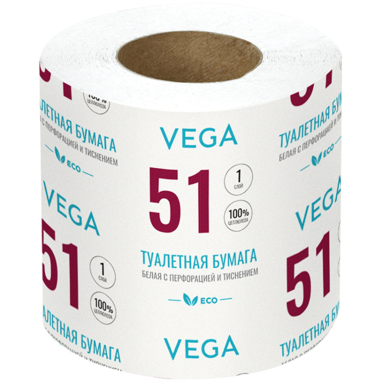 Бумага туалетная Vega, 1-слойная, 51м/рул., на втулке, с перф., с тиснением, белая, 48 штук, 339244 Бумага туалетная Vega, 1-слойная, 51м/рул., на втулке, с перф., с тиснением, белая, 48 штук, 339244