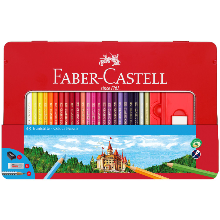 Карандаши цветные Faber-Castell "Замок", 48цв., трехгран., заточ.+2ч/г кар. Grip+ластик+точилка, метал. коробка, 286631 Карандаши цветные Faber-Castell "Замок", 48цв., трехгран., заточ.+2ч/г кар. Grip+ластик+точилка, метал. коробка, 286631