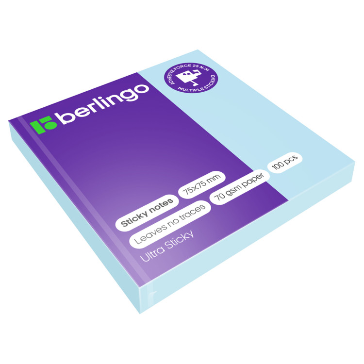 Самоклеящийся блок Berlingo "Ultra Sticky", 75*75мм, 100л., пастель, голубой, 270295