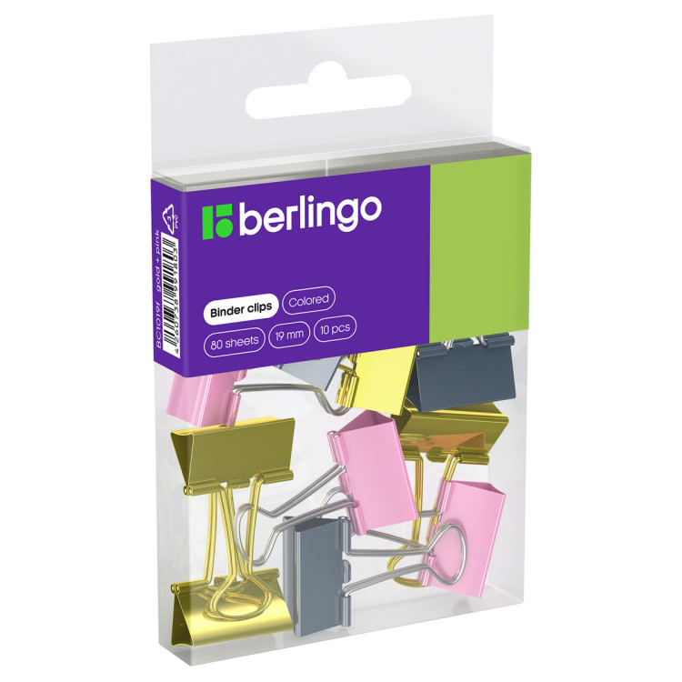 Зажимы для бумаг 19мм, Berlingo, 10шт., цветные, ПВХ упак., европодвес, розовый+золотой, 330194 Зажимы для бумаг 19мм, Berlingo, 10шт., цветные, ПВХ упак., европодвес, розовый+золотой, 330194