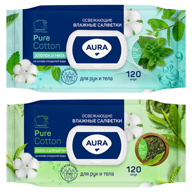 Салфетки влажные Aura "Pur cotton" big-pack с крышкой, 17*15см, 120шт., освежающие, для рук и тела, 363914 Салфетки влажные Aura "Pur cotton" big-pack с крышкой, 17*15см, 120шт., освежающие, для рук и тела, 363914