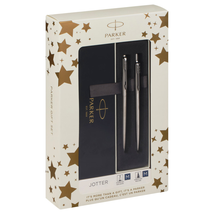 Набор Parker "Jotter Stainless Steel CT": ручка шариковая 1,0мм синяя и ручка перьевая 1,0мм синяя, подарочная упаковка, 363666 Набор Parker "Jotter Stainless Steel CT": ручка шариковая 1,0мм синяя и ручка перьевая 1,0мм синяя, подарочная упаковка, 363666