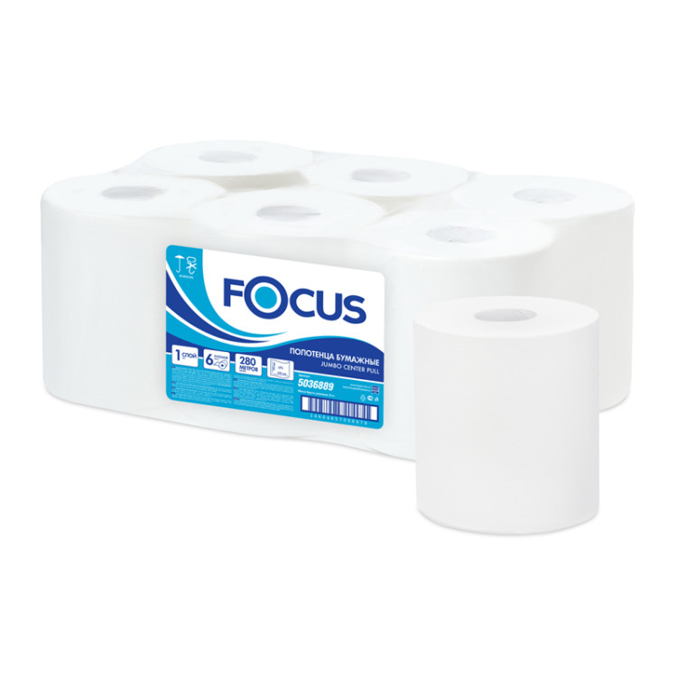Полотенца бумажные в рулонах Focus Jumbo, 1-слойные, 280м/рул., ЦВ, белые, 6 штук, 299955