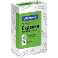 Скрепки 28мм, OfficeSpace, 100шт., оцинкованные, карт. упаковка, 231183 Скрепки 28мм, OfficeSpace, 100шт., оцинкованные, карт. упаковка, 231183