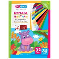 Цветная бумага мелованная А4, ArtSpace, двустор., 32л., 32цв., "Бегемот", 291744 Цветная бумага мелованная А4, ArtSpace, двустор., 32л., 32цв., "Бегемот", 291744