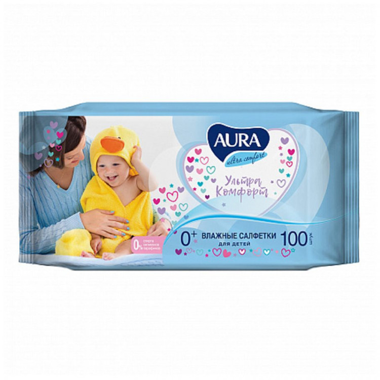 Салфетки влажные Aura "Ultra comfort", 100шт., детские, универсал. очищающие, без спирта, 270361 Салфетки влажные Aura "Ultra comfort", 100шт., детские, универсал. очищающие, без спирта, 270361