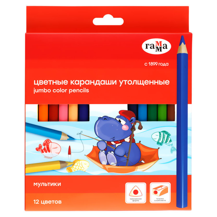 Карандаши цветные Гамма "Мультики", 12цв., с точилкой, утолщенные, заточен., картон, европодвес, 346998 Карандаши цветные Гамма "Мультики", 12цв., с точилкой, утолщенные, заточен., картон, европодвес, 346998