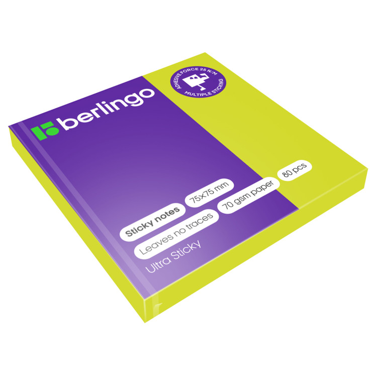 Самоклеящийся блок Berlingo "Ultra Sticky", 75*75мм, 80л., зеленый неон, 270276