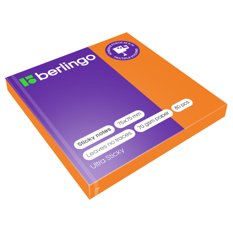 Самоклеящийся блок Berlingo "Ultra Sticky", 75*75мм, 80л., оранжевый неон, 12 штук, 270279 Самоклеящийся блок Berlingo "Ultra Sticky", 75*75мм, 80л., оранжевый неон, 12 штук, 270279