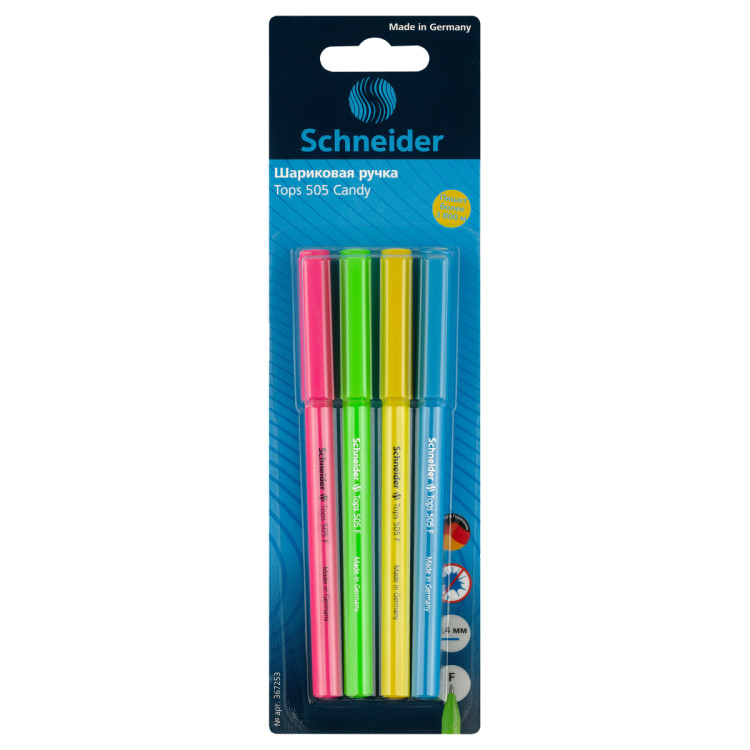 Набор шариковых ручек Schneider "Tops 505 F Candy" 4шт., синие, 0,8мм, корпус неон ассорти, блистер, 367253 Набор шариковых ручек Schneider "Tops 505 F Candy" 4шт., синие, 0,8мм, корпус неон ассорти, блистер, 367253