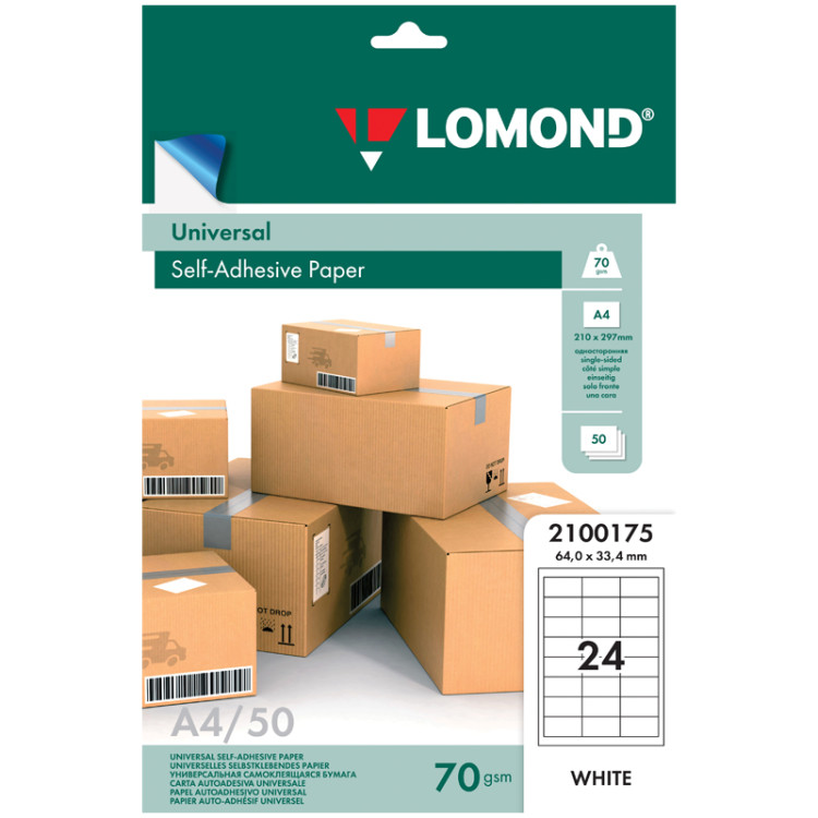 Бумага самоклеящаяся А4 50л. Lomond, белая, 24 фр. (64*33,4), 70г/м2, 079715 Бумага самоклеящаяся А4 50л. Lomond, белая, 24 фр. (64*33,4), 70г/м2, 079715