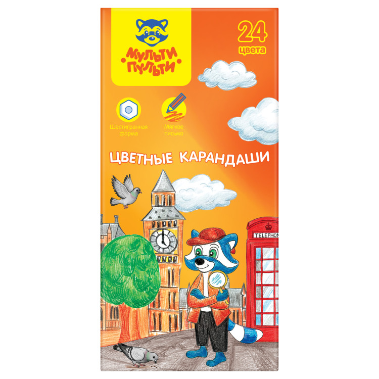 Карандаши цветные Мульти-Пульти "Енот в Англии", 24 цв., шестигран., заточен., картон, европодвес, термоусадка, 389452 Карандаши цветные Мульти-Пульти "Енот в Англии", 24 цв., шестигран., заточен., картон, европодвес, термоусадка, 389452
