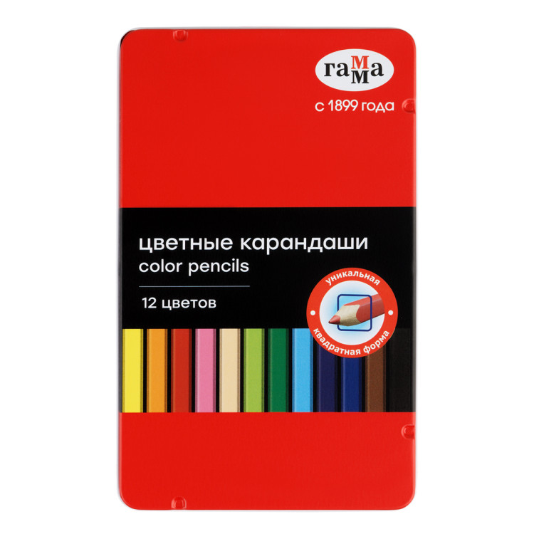 Карандаши цветные Гамма, 12цв., квадратные, заточен., метал. пенал, 347820 Карандаши цветные Гамма, 12цв., квадратные, заточен., метал. пенал, 347820