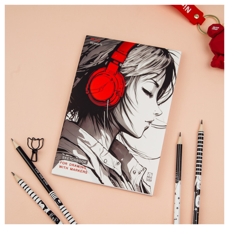 Скетчбук для рисования маркерами 50л. А5 на склейке MESHU "Girl and music", 90г/м2, soft touch, 358384 Скетчбук для рисования маркерами 50л. А5 на склейке MESHU "Girl and music", 90г/м2, soft touch, 358384