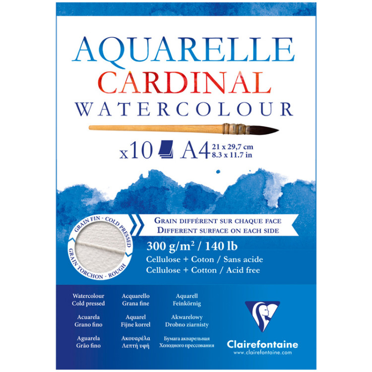 Альбом для акварели, 10л., А4, на склейке Clairefontaine "Cardinal", 300г/м2, торшон, холод. пресс., 30% хлопок, 304066 Альбом для акварели, 10л., А4, на склейке Clairefontaine "Cardinal", 300г/м2, торшон, холод. пресс., 30% хлопок, 304066