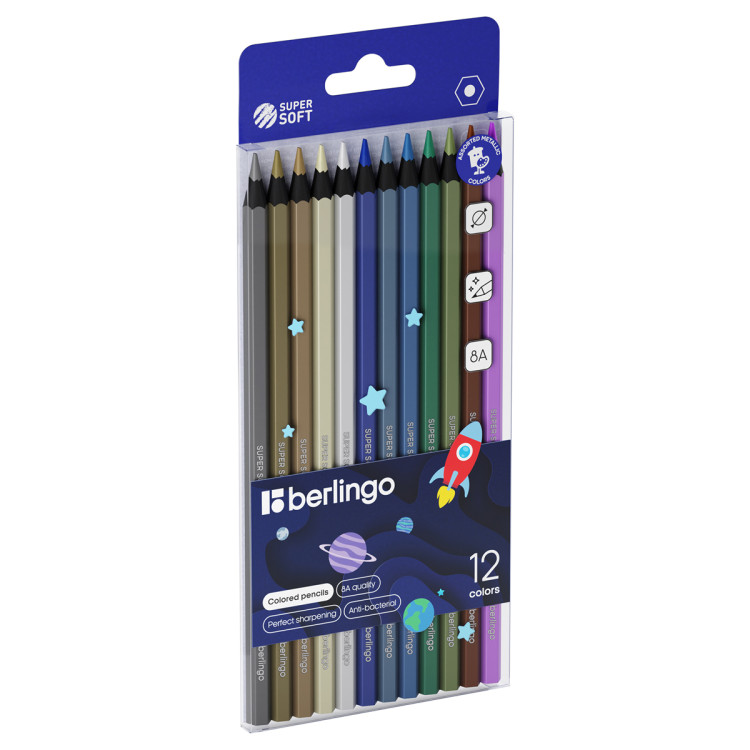 Карандаши цветные металлик Berlingo "SuperSoft. Metallic", 12цв., заточен., европодвес, 297246 Карандаши цветные металлик Berlingo "SuperSoft. Metallic", 12цв., заточен., европодвес, 297246