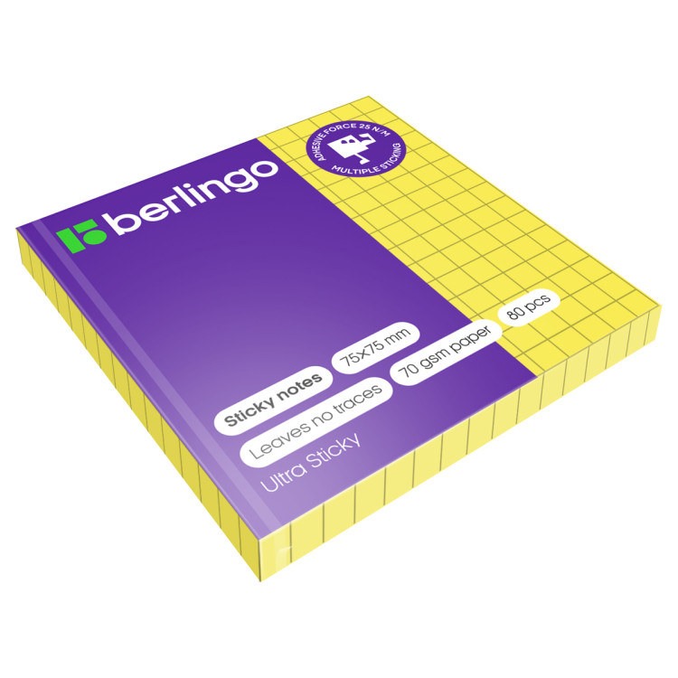 Самоклеящийся блок Berlingo "Ultra Sticky", 75*75мм, 80л., в клетку, желтый неон, 287189 Самоклеящийся блок Berlingo "Ultra Sticky", 75*75мм, 80л., в клетку, желтый неон, 287189
