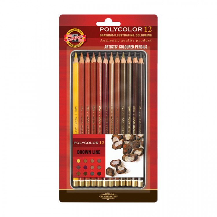 Карандаши цветные художественные Koh-I-Noor "Polycolor Brown Line", 12цв., заточен., металл. пенал, блистер, 327286 Карандаши цветные художественные Koh-I-Noor "Polycolor Brown Line", 12цв., заточен., металл. пенал, блистер, 327286